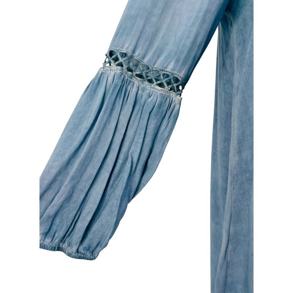 Dusty Blue Crochet Trim Relaxed Tunic Mini Shirt Dress | Coastal Cowgirl Boho S - Picture 4 of 11